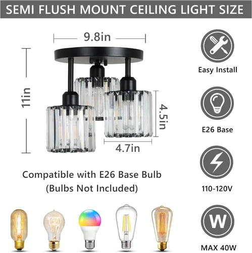 Vista 6 de PAUFUL Lámpara de Techo Semiempotrada de Cristal, Lámparas de Techo Modernas de 3 Luces Cerca del Techo, Lámparas de Cocina Negras con Pantalla