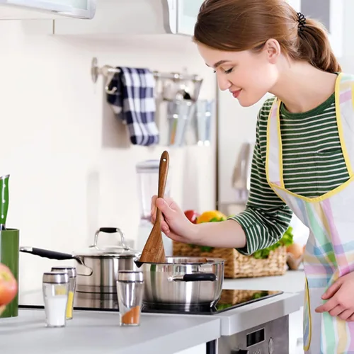 Vista 5 de Juego de 5 utensilios de cocina de madera, juego de utensilios de cocina, cucharas de madera para cocinar, cucharas de madera antiadherentes