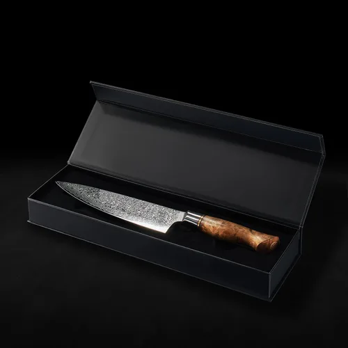 Vista 7 de SENKEN - Cuchillo de chef de acero de Damasco de 8 pulgadas, colección Dynasty, acero japonés VG10 de 67 capas con mango de madera de sicomoro, filo