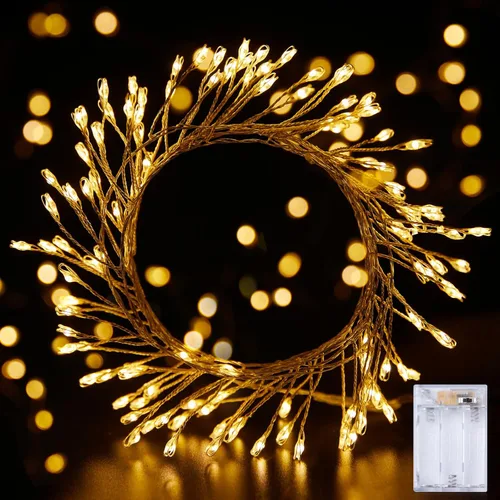 Vista 8 de Guirnalda de luces a pilas - Paquete de 4 guirnaldas parpadeantes impermeables con cable plateado de 5 pies y 60 LED, para coronas, bodas, Blanco