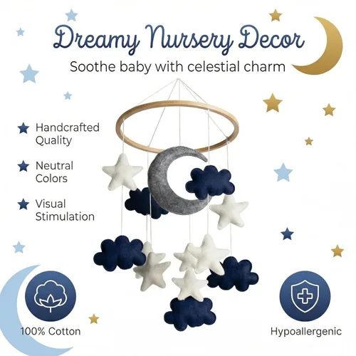Vista 5 de Móvil de bebé para cuna – Luna azul, estrellas y nubes blancas hecho a mano para cuarto de bebé, móvil para cuna para niños