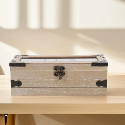 Vista 6 de Wooden Tea Storage Chest with Lid, 3 Divided Compartments, Latching Closure