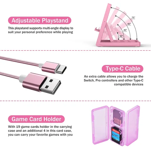 Vista 7 de Younik Switch Carrying Case, 16 in 1 Switch Case Accessories Pink for Switch Original Model Includes Switch Travel Case Girls, Protective Case
