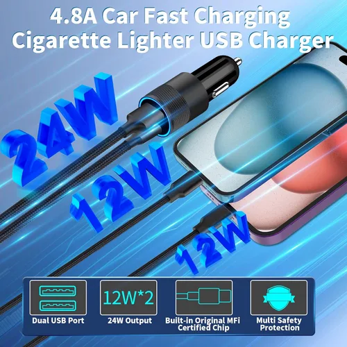 Vista 5 de [Apple MFi Certified] iPhone Fast Car Charger, Braveridge 2Pack 4.8A Dual USB Car Power Cigarette Lighter USB Car Carplay Charger with Lightning