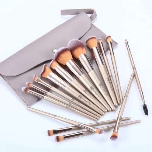 Vista 2 de HEYMKGO Brochas de maquillaje, 15 unidades, color dorado champán, juego de brochas de maquillaje profesional, brocha para base, difuminar, rubor