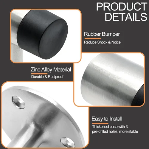 Vista 4 de Tope de suelo resistente de 3 pulgadas, tapón de puerta de aleación de zinc con parachoques de goma y tornillos de montaje