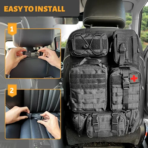 Vista 4 de MAIKER - Organizador táctico para respaldo de asiento de auto, organizador de panel de vehículo con 5 bolsas Molle desmontables, tamaño universal