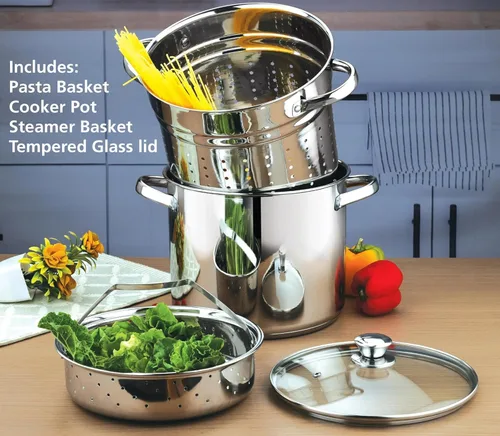 Vista 5 de Juego de ollas de acero inoxidable de 8 cuartos de galón de 4 piezas, olla con cesta de vapor, colador y tapa de vidrio resistente al calor, asas