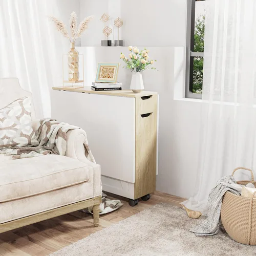 Vista 5 de 3imothrix Mesa de comedor plegable, mesa de comedor con cajón y almacenamiento y estantes, mesa de comedor que ahorra espacio con 6 ruedas, mesa