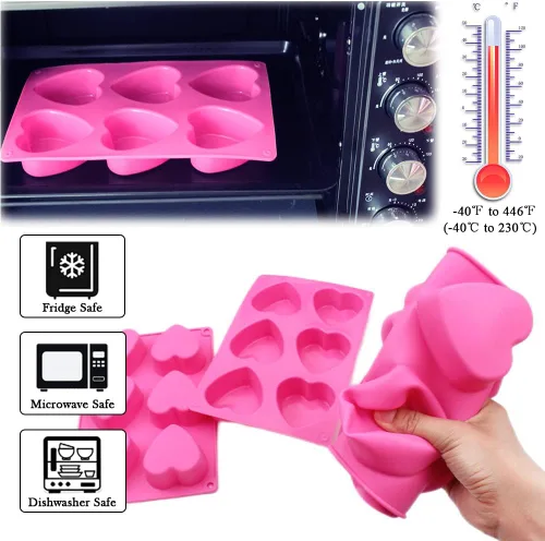 Vista 3 de BAKER DEPOT Molde de silicona en forma de corazón de 6 agujeros para pastel de chocolate, jalea pudín hecho a mano, molde de jabón para hacer