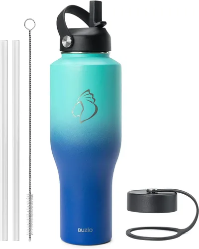 Vista 13 de BUZIO Botella de agua aislada que cabe en el portavasos, vaso de acero inoxidable con tapa de popote de 32 onzas, a prueba de fugas, sin BPA