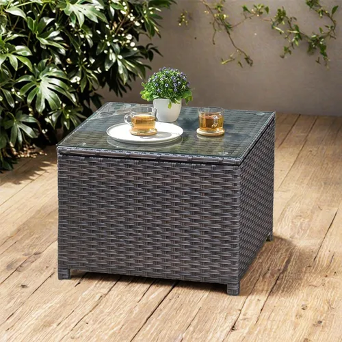 ovios Mesa auxiliar para exteriores con parte superior de vidrio templado, mesa de centro de mimbre para patio, mesa auxiliar de ratán para porche,