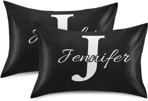 Vista 2 de Fundas de almohada negras personalizadas de seda con cierre de sobre, funda de almohada de satén tamaño estándar para personas que duermen