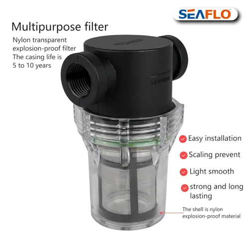 Vista 2 de SEAFLO Colador hembra NPT en línea de 1/2 pulgada con pantalla de filtro de acero inoxidable de malla 100 - Recipiente transparente para una fácil