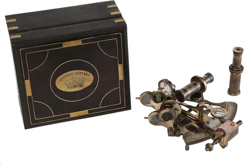 Vista 6 de J. Scott London Brass Ship History Sextant con caja de madera dura. Sextante marítimo funcional náutico de latón antiguo antiguo vintage Regalos