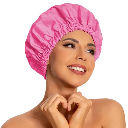 Vista 15 de Gorro de ducha reutilizable para mujer, grande, impermeable, lavable, banda elástica, accesorios de baño, sombrero para cabello largo, trenzas Beige