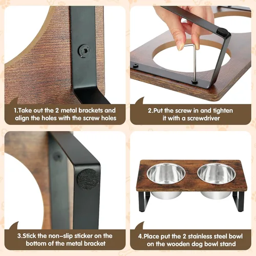 Vista 8 de Cuencos elevados para perros medianos y grandes, soporte elevado de madera con dos cuencos de acero inoxidable de 1700ML (57.5 fl oz) para comida