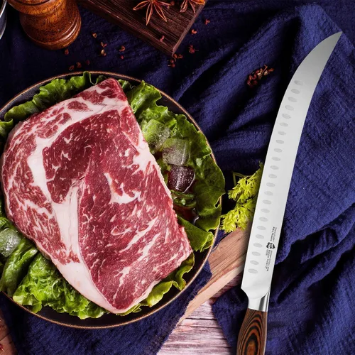 Vista 5 de TUO Cuchillo de carnicero – Cuchillos de carnicero de 12 pulgadas con borde de Granton curvado para cortar carne y verduras – Mango de madera