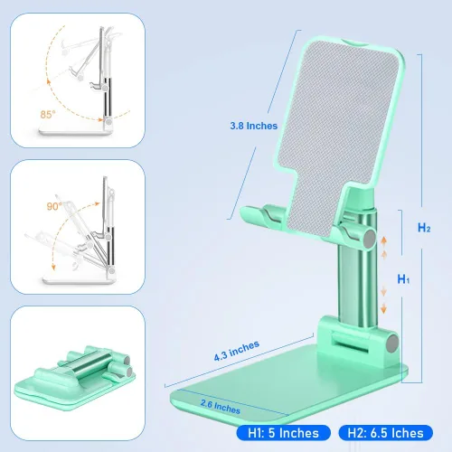 Vista 5 de Soporte para teléfono celular, soporte ajustable en ángulo y altura con almohadilla de silicona para escritorio, soporte para teléfono móvil Verde