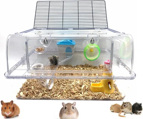 Vista 10 de Ratón de hámster acrílico transparente de 2 niveles de lujo con rueda grande para correr, botella de agua, torre, cuenco de comida para ocultar