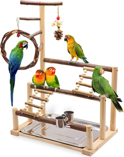 Parque infantil para pájaros, soporte de loro de madera natural adecuado para pájaros pequeños y medianos, con tazas de alimentación, columpio,