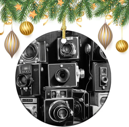 Vista 3 de Retro Cool Camera Collection Christmas Ornament Ceramic Round Decoration Personalized Xmas Tree Ornament Keepsake Holiday Hanging Decorative DIY