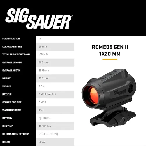 Vista 7 de SIG SAUER ROMEO5 GEN II 0.039x0.787 in Compact Durable IPX-7 Impermeable 2 MOA Rifle Shooting Dot Sight, diseño óptico sin paralaje, 12 ajustes