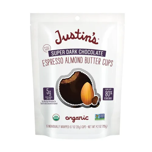 Vista 4 de Justin's Tazas orgánicas de mantequilla de almendras súper oscuras, cacao certificado Rainforest Alliance, sin gluten, de origen responsable, 6