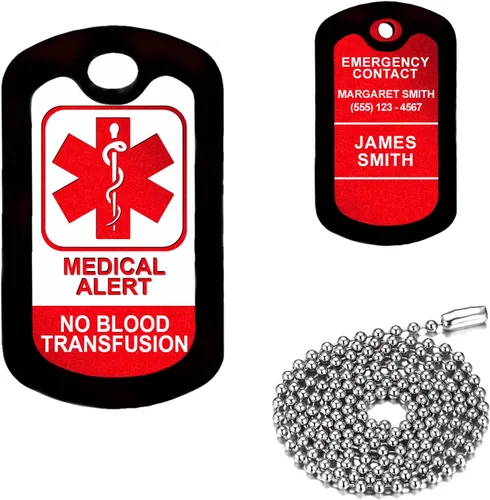 Vista 8 de Alerta médica morada, Alzheimer, etiqueta de identificación médica de aluminio personalizada con collar de acero inoxidable de 24 pulgadas