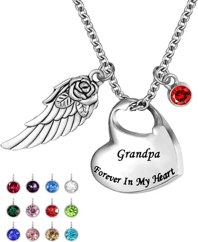 Collar de urna de cremación de doble corazón viene con ala de ángel y 12 piedras natales para cenizas, colgante conmemorativo, Forever in My Heart,