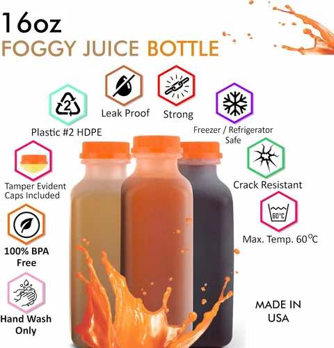 Vista 3 de EcoQuality [Paquete de 250] Botellas vacías de plástico para jugo con tapas a prueba de manipulaciones de 16 onzas, botellas de batidos, ideales