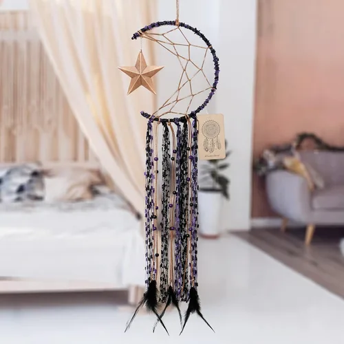 Vista 6 de Dremisland Atrapasueños Azul Hecho a Mano Diseño de Media Luna Atrapasueños de Pluma Colgante con Estrella Decoración del Hogar Ornamento Regalo