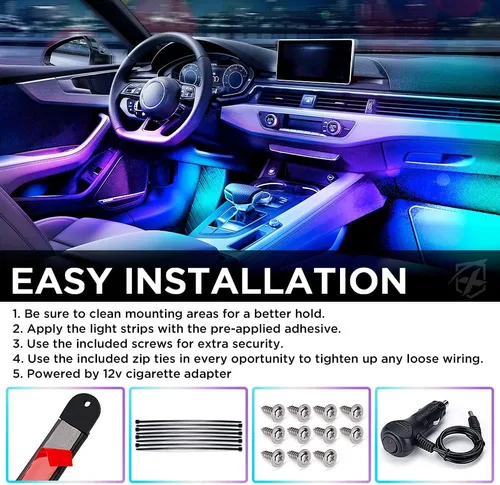 Vista 6 de Xprite Tira de luces LED Dreamcolor para interior de auto con Bluetooth, control remoto y aplicación, luces RGB de persecución para espacio