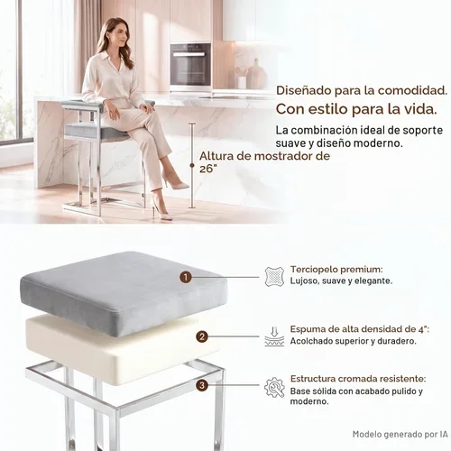 Vista 5 de DUOMAY Juego de 2 taburetes de bar modernos, taburete de 26 pulgadas de altura de mostrador con acabado cromado de metal, silla de isla de cocina