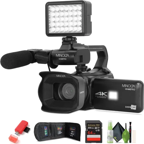 Vista 7 de Minolta MN4KPRO 4K60FPS UHD 64 MP Autofocus Pro Kit de videocámara con paquete WiFi con tarjeta de memoria de 64 GB + kit de limpieza + cartera