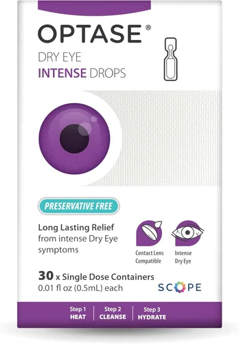 Vista 4 de Optase Gotas intensas para ojos secos, 30 viales de dosis única, gotas para ojos sin conservantes para ojos secos, lágrimas artificiales moderadas a