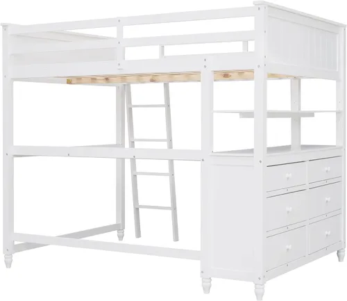 Vista 16 de Cama tipo loft de tamaño individual con estantes y escritorio, marco de cama de madera con escalera inclinada y barandilla de seguridad, adecuada