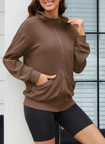 Vista 3 de MAVIS LAVEN Sudaderas con capucha para mujer, de gran tamaño, de punto gofre, chaqueta estilo novio, ajuste holgado, manga larga