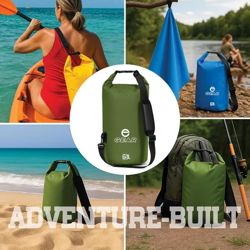 Vista 3 de Bolsa seca impermeable de 15 litros con toalla de microfibra de secado rápido gratis – Saco seco flotante para kayak, canotaje, camping y aventuras