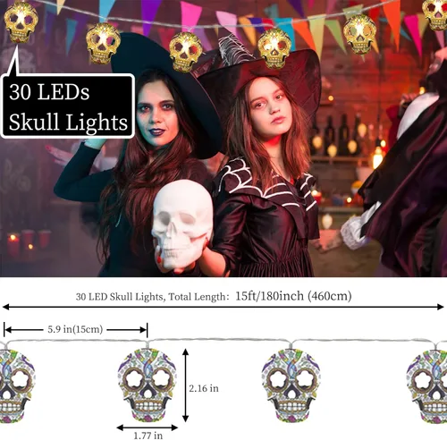Vista 3 de Guirnalda de luces de Halloween, cadena de luces de calavera para otoño, guirnalda de luces con pilas, alimentación por USB, opcional, 2 modos