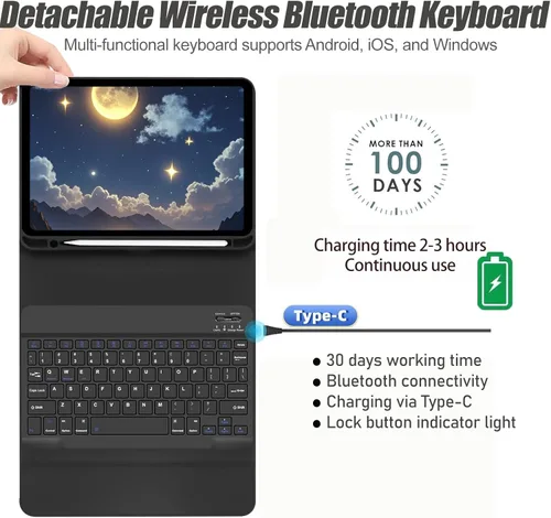 Vista 4 de Funda de teclado para Samsung Galaxy Tab S10 Lite / S10 FE / S9 FE / S9 10.9-11 pulgadas - Ratón y teclado desmontable, funda protectora delgada