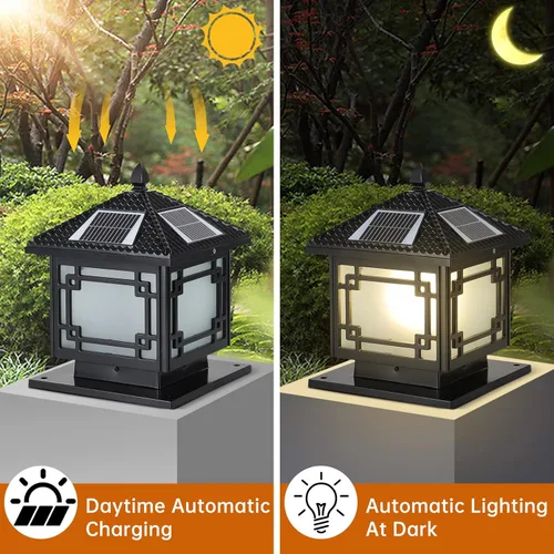 Vista 4 de Luces solares para poste con control remoto, lámpara de columna LED de ahorro de energía, impermeable, para exteriores, IP55, de lujo, artesano