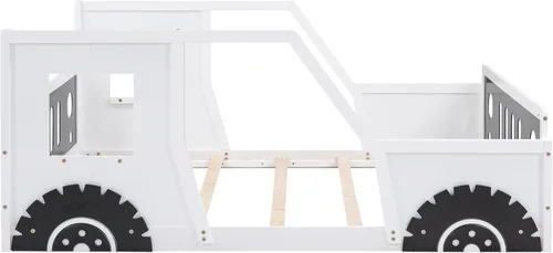 Vista 5 de MERITLINE Cama de suelo para niños, cama completa en forma de automóvil con ruedas, marcos de cama matrimonial de madera con puertas y ventanas