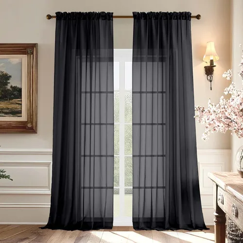 Vista 23 de Aiyufeng 2 paneles de cenefa transparente negra de 14 pulgadas de largo, cortinas cortas para dormitorio, cortinas de cocina para ventana pequeña