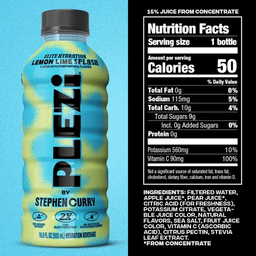 Vista 2 de PLEZi Bebida de Hidratación de Limón y Lima x Stephen Curry - Bebidas Deportivas con 2X Electrolitos - 500mg Potasio, Bajo en Azúcar, Sin Azúcar