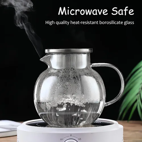 Vista 3 de Tetera de vidrio apta para estufa y microondas, hervidor de té de vidrio de borosilicato con tapa colador, tetera de vidrio de 44 onzas 44.0 fl oz