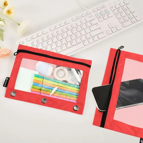 Vista 4 de Firebrick Zipper Pencil Pouch for 3 Ring Binder with Clear Window,Pencil Case 2 Pack Firebrick