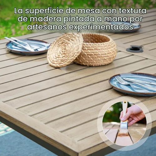 Vista 8 de PHI VILLA Juego de comedor al aire libre de 7 piezas para 6, mesa rectangular de hierro forjado de 152 cm con orificio para sombrilla y sillas