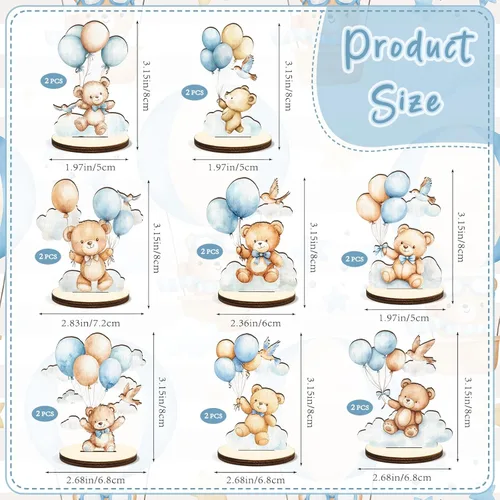 Vista 2 de 16 piezas de centro de mesa de madera para baby shower con oso azul desmontable, señal de mesa "Es un niño", revelación de género, decoración