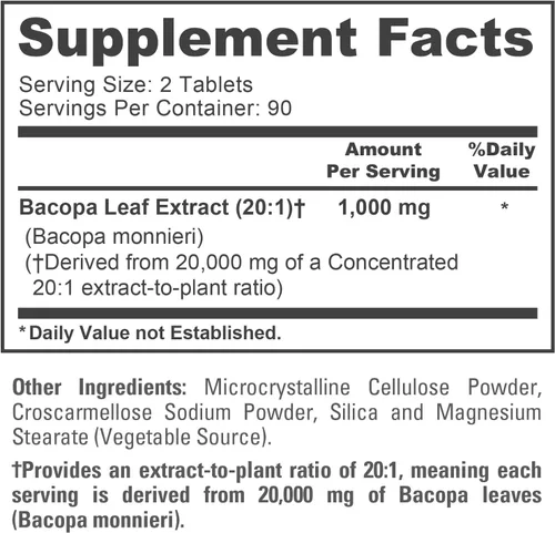 Vista 4 de NusaPure Bacopa Leaf Monnieri Extract 20,000 mg 180 Tabletas (Extracto 20:1, Sin OGM, Sin Gluten)